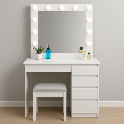 Toaletka Aga z lustrem LED + taboret | 5 szuflad | matowa biel