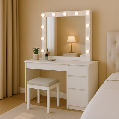 Toaletka Aga z lustrem LED + taboret | 5 szuflad | matowa biel